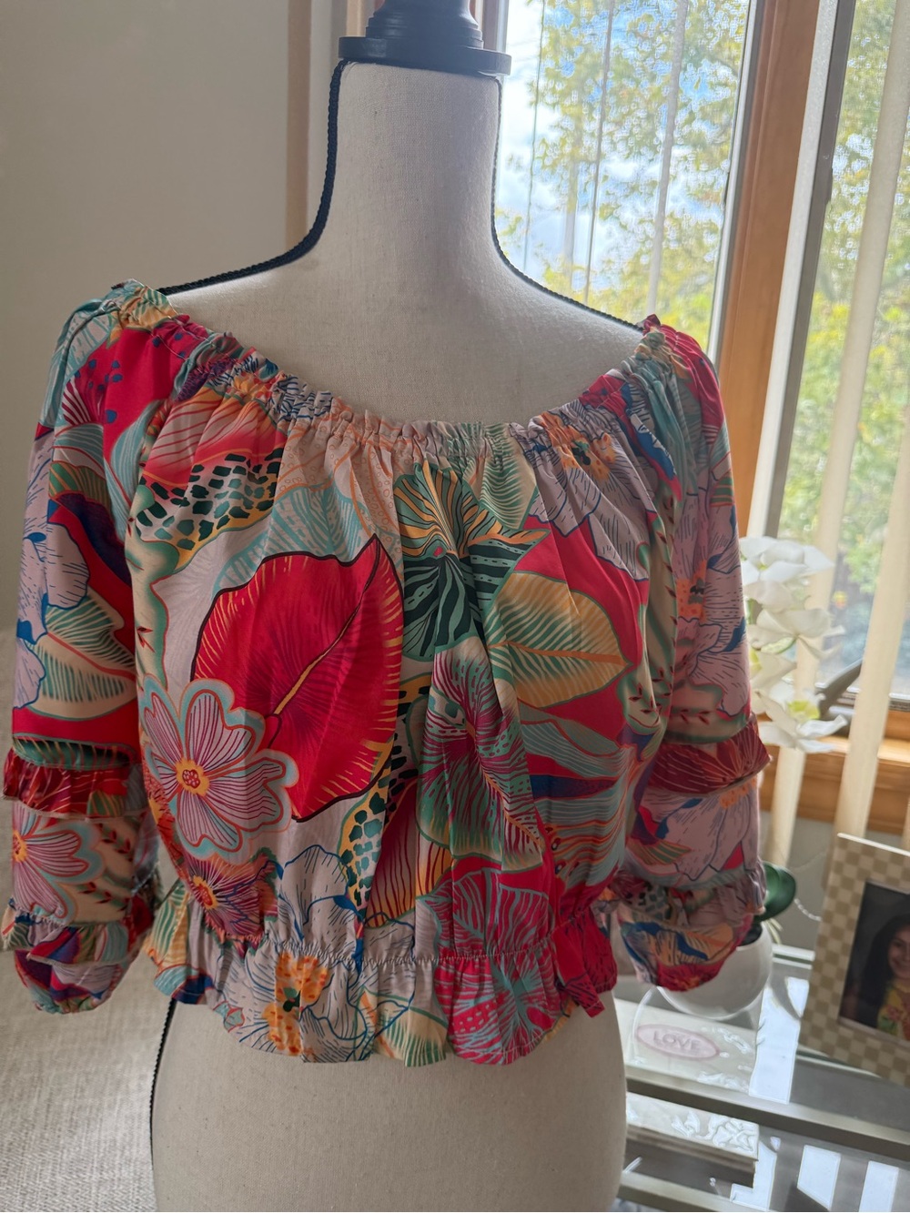 Rachel Zoe Tropical Off-Shoulder Crop Top - Pink/Green/Blue